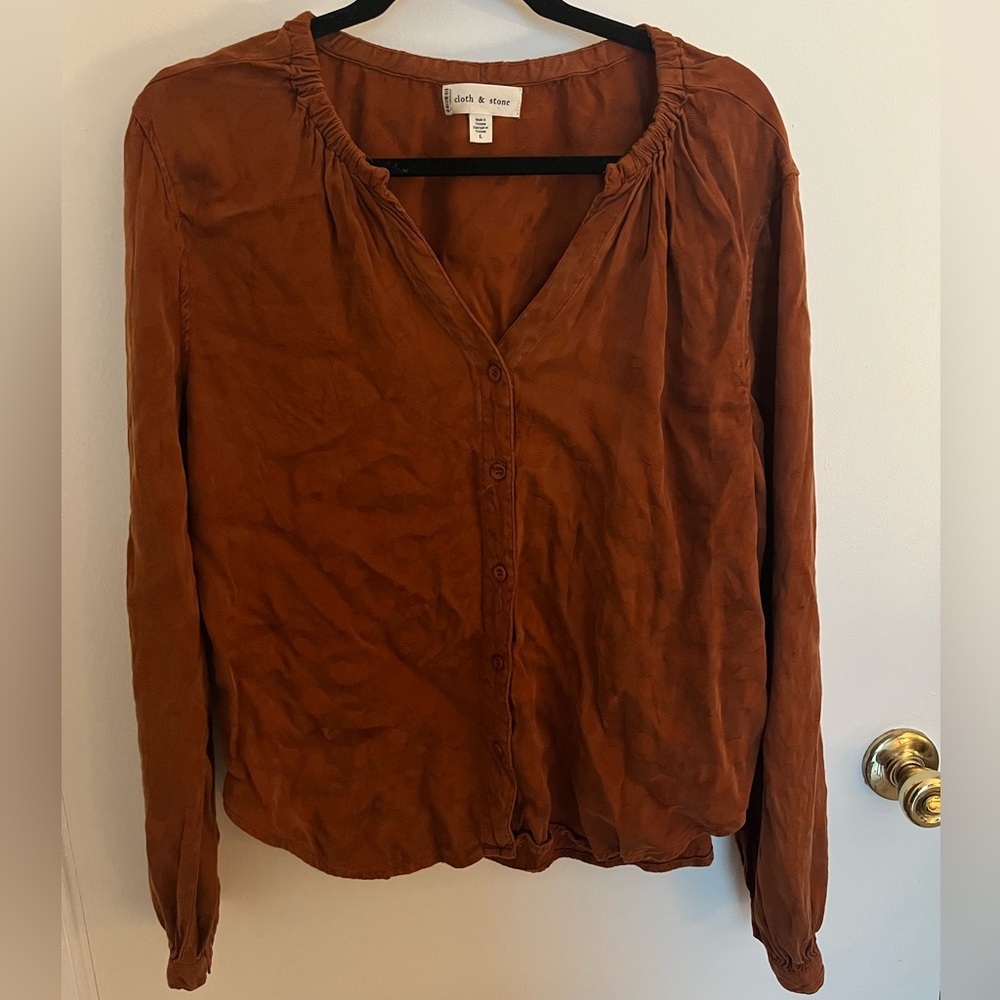 Anthropologie Cloth & Stone Orange Long Sleeve Elastic Neck Buttondown Top - Picture 4 of 10